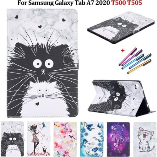 Cat Flower Painted Flip Tablet Cover For Samsung Tab A7 Case T500 T505 PU Leather Stand Shell For Funda Galaxy Tab A7 Case 2020