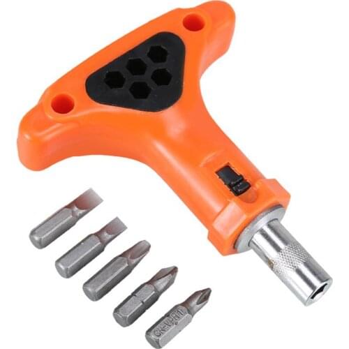 Ratcheting Screwdriver Bit Holder, Comfort Grip T-Handle with 5 Bits, Quick Release Ratchet Screwdriver Sleeve Bit Holder