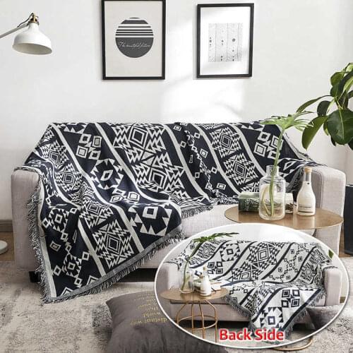 Double Sides Throw Blanket Black White Geometric Pattern Knitted Cotton 130x180cm Bed Spread Couch Covering Quilt Floor Carpet