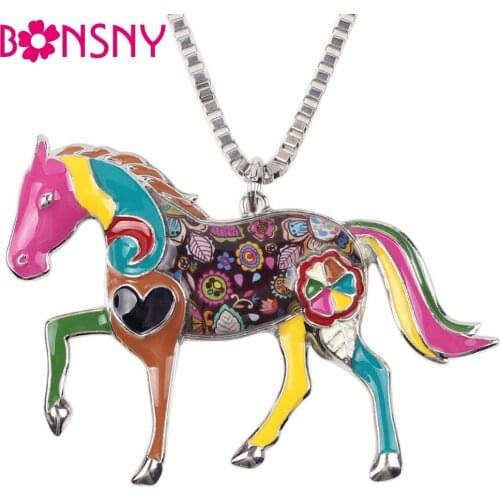 Bonsny Enamel Alloy Elegant Horse Necklace Pendant Chain Collar Choker Novelty Animal Jewelry For Women Girls Gifts Party Charms