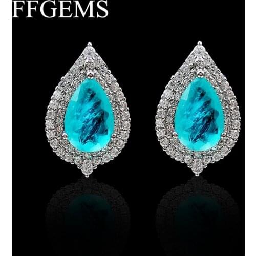 FFGems Paraiba Tourmaline Emerald Gemstone water drop silver Gold color New Earrings Necklace 2020 for women girl Gift Wholesale