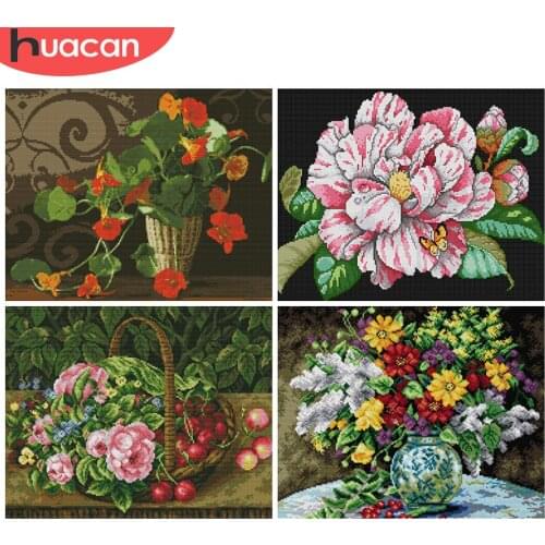 HUACAN DIY Cross-Stitch Flowers Embroidery Needlework Sets Cross Stitch Flower Kits 11CT 14CT White Canvas Home Decor