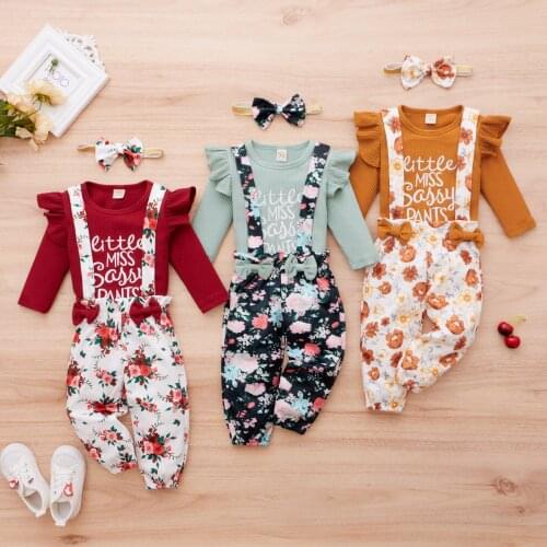 FOCUSNORM Newborn Baby Girls Clothes Sets Letter Long Sleeves Rompers + Flowers Printed Suspenders Pants+ Bow Headband