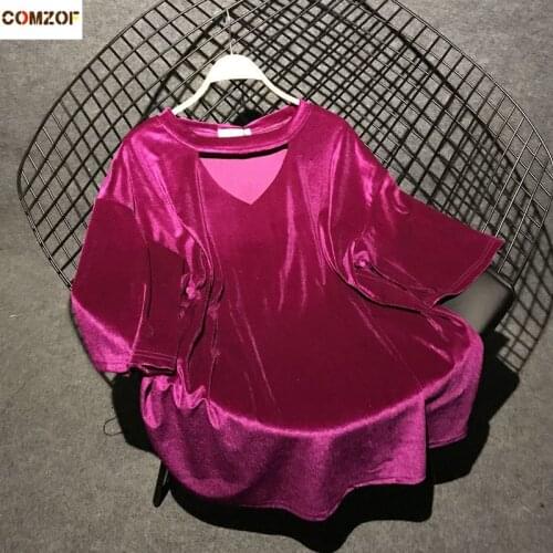 Korean vintage women long t shirt velvet hollow out v-neck loose oversized t-shirt casual tops clothing camisa feminina