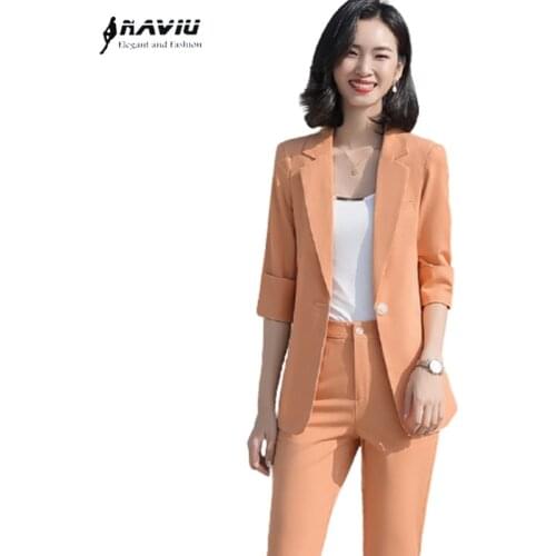 Orange Suits Women Summer New Casual Business Formal Temperament Slim Blazer And Pants Office Ladies Fashion Work Wear White