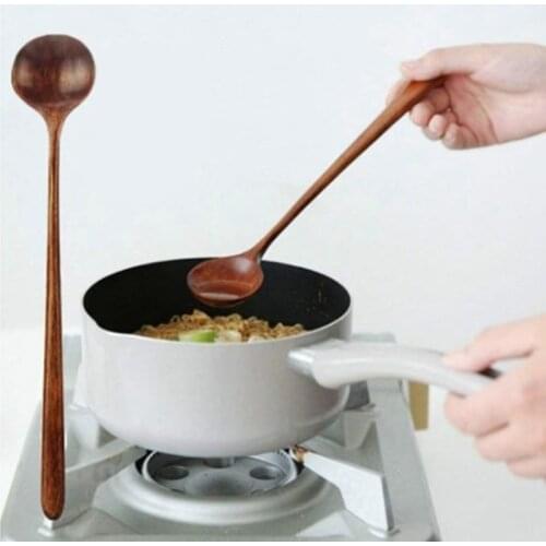 Hot New 1pc Long Spoons Wooden Korean Style 10.9 inches 100% Natural Wood Long Handle Round Spoons for Soup Cooking Mixing Stirr