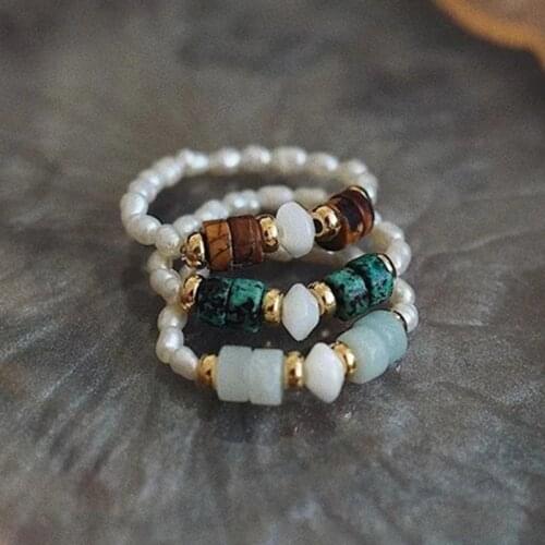 Cute Hadnamde Freshwater Pearl Rings Stretchy Jewelry Stainless Steel Beads Boho Natural Stone Wedding Ring for Women Wholesale