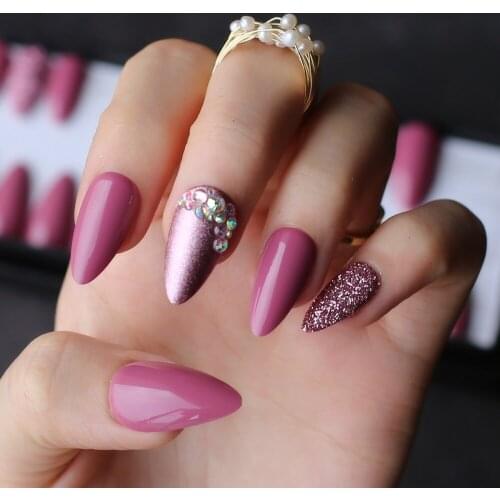 Purple salon art Crystal Diamond false nails Nude Stiletto UV Shiny Purple glitter nails medium almond glossy fake nails