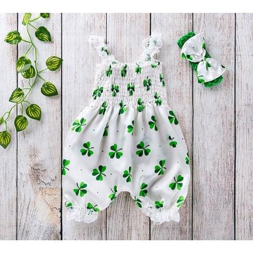New Summer Toddler Girl Clover Printed Romper Set Sleeveless Bubble Trousers Suspender Jumpsuit with Headband