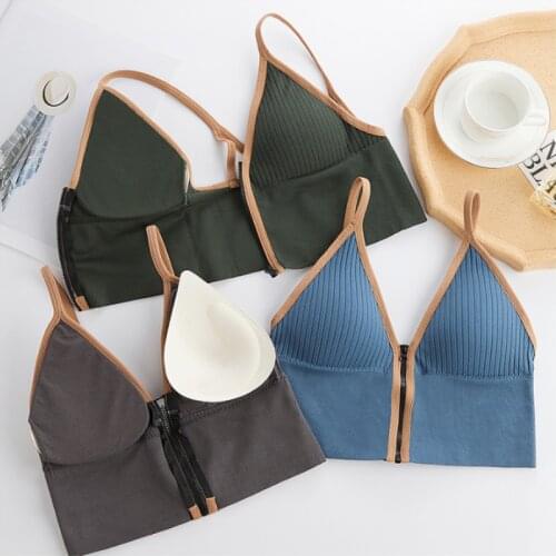 New Zipper Top Sexy Plunge Padded Crop Top Push Up Breathable Bra Solid Color Women Lingerie Sport Bras