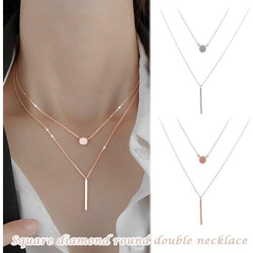 Rectangle Rhinestone Round Double Layer Necklace Female Clavicle Chain Women Simple Temperament Necklace Jewelry TT@88