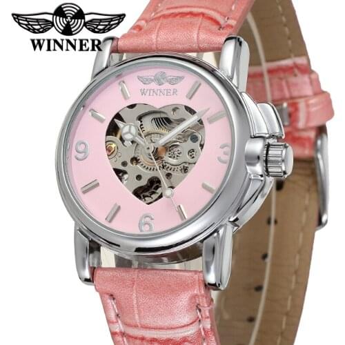 Fashion WINNER Brand Pink Cute Automatic Women Watch Female Dress Mechanical Watch Heart Shaped Skeleton Wristwatch Collocation