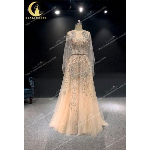 Rhine real Pictures Zuhair murad Champagne Beads A-line Cape Arabic платье 2021 Evening Dresses Long