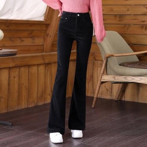 Vintage Solid Bell Bottom Pants Office Lady Work Moms Full LengthTrousers Female High Waist Slim Corduroy Flare Pants Women