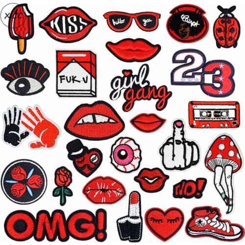 XICC Stock Red Sexy Mouth Lip Embroidery Fashion Patches Appliques For Clothes Leg Hand Shoe Iron On Transfer Stickers On Cloth