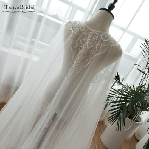 Two Layers Tulle Cape Beaded Tulle Fairy Wedding Shawls Elegant Women Formal Wrap Wedding Noivas Accessories DJ052