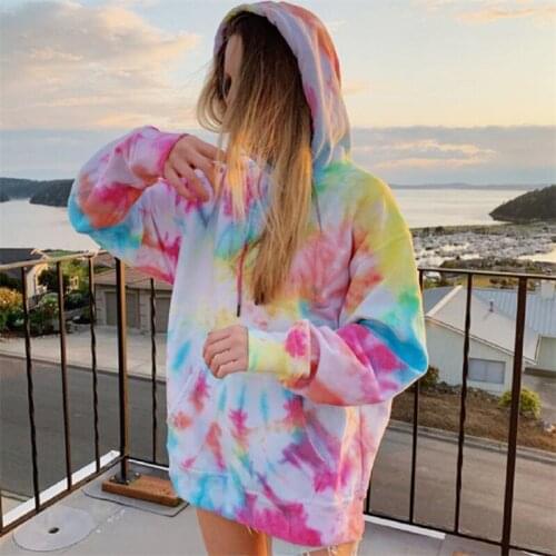 Womens Tie-Dye Hoodie Harajuku Hip Hop Pastel Ladies Hoodie Loose Casual Sports Top