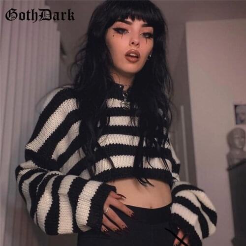 Goth Dark Vintage Striped Gothic Sweaters Punk Style Oversize Long Sleeve O-neck Women Pullovers Fashion Autumn Streetwear 2020