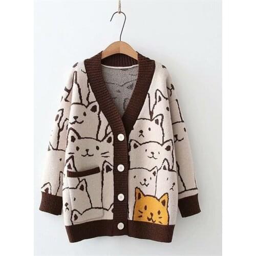 Harajuku Mori Girl Kawaii Cartoon Cardigan Women Cute Cat Vintage Knitted Sweater Female Retro Fashion Long Sleeve