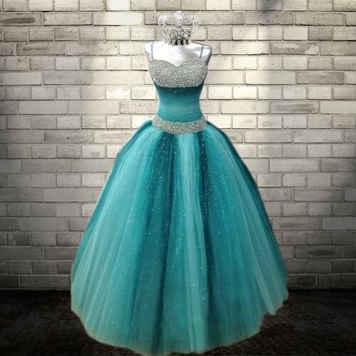 Fashionable Beads Sweetheart Organza Ball Gown Quinceanera Dresses Teal Gradient Spaghetti Sweet 16 Dress Vestido De 15 Anos