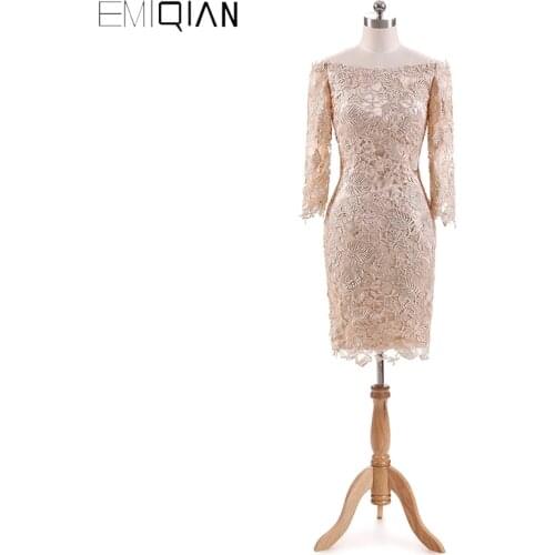 Elegant Boat Neck Three Quarter Sleeve Sheath Lace Short Evening Dress 2017 Robe De Soiree