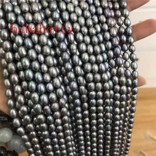 5-6mm Real Natural gray Rice Oval Freshwater Pearl Loose Beads Strand 15"AA 2PCS