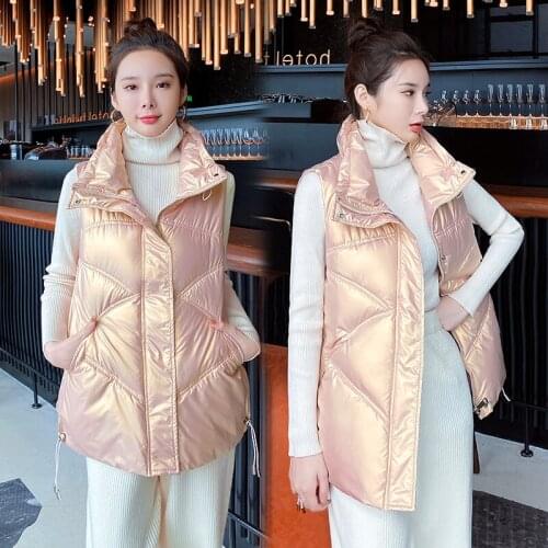 Shiny Autumn Winter Puffer Vest Women Solid Casual Ladies Sleeveless Jacket Zipper Stand Collar Waistcoat for Female