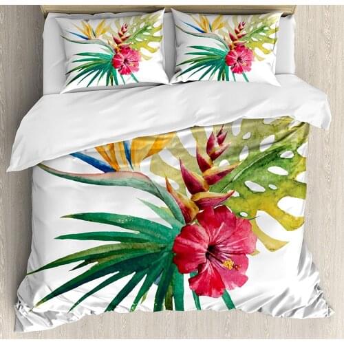Floral Duvet Cover Set Wild Tropical Orchid Flower Large Leaves Exotic Tropic Petals Picture Decorative 3 Piece Bedding Set