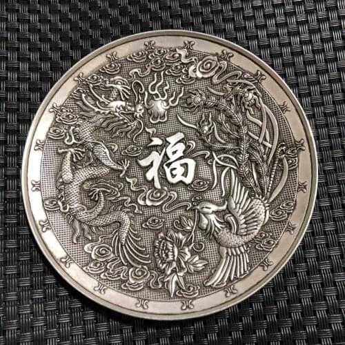China Elaboration Old Tibet Silver Engrave Propitious "Dragon And Phoenix " Dish Metal Crafts Home Decoration
