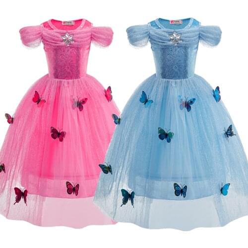 Girl Princess Costume Butterfly Halloween Party Cinderella Dress Up Children Blue Rose Yellow Fancy Birthday Coronation Dress