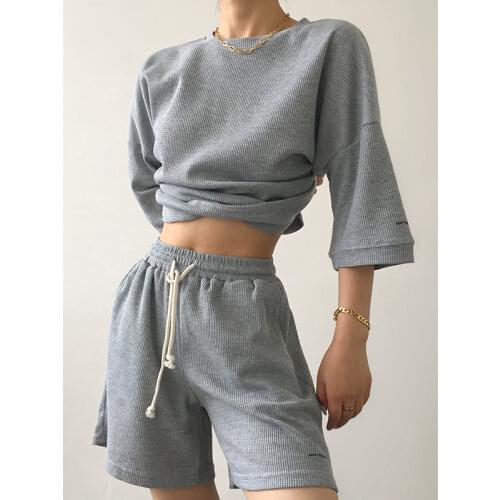 Summer Tracksuits Womens Two Peices Set Letter Print Cotton Loose T-shirts High Waist Drawstring Wide Leg Shorts Casual Suits