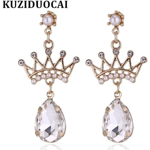 Kuziduocai New Fashion Fine Jewelry Pearl Crystal Crown Droplet Large Size Drop Earrings For Women Gifts E-387