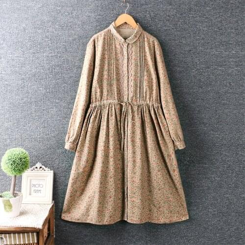 Lamtrip Unique 2021 Spring Rustic Flowers Print Retro Peter Pan Collar Drawstring Cotton 100% Mori Girl Floral Robe Dress