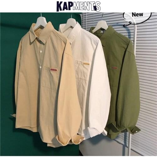 KAPMENTS Men Harajuku Embroidery Shirts Long Sleeve 2020 Mens Pocket Streetwear Loose Shirt Male Korean Fashions Casual Clothing