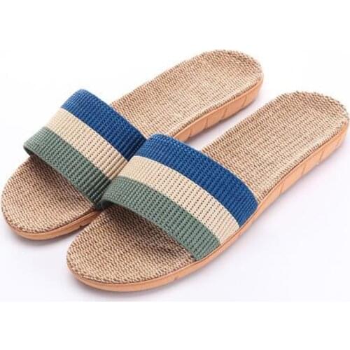 Mens Summer Blue Beach Flip Flops Casual Striped Home Linen Slippers Men Slides Indoor Flax Linen Slippers Boys Sandals Shoes