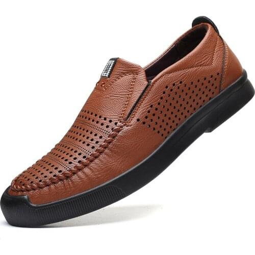 Mens Loafers Hollow Out Pu Leather Shoes Man Casual Driving Shoes Slip on Summer Male Footwear Black Brown