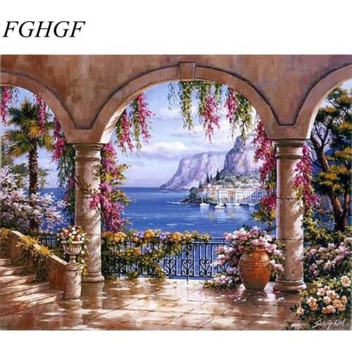 FGHGF Frameless Romantic Harbor DIY Painting By Numbers Home Wall Decor Hand Painted Europe Oil Painting On Wall