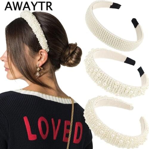 AWAYTR Pearl Headband for Wedding Wide Jeweled White Tiara for Bride Wedding Hair Accessories Diadem Prom Dolce Pearls Headbands