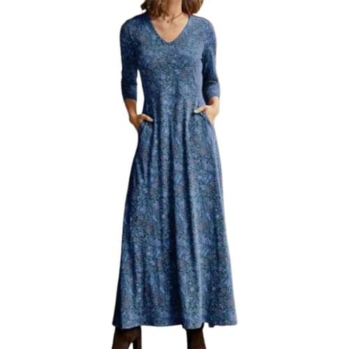 Vintage Dresses Women V Neck Long Sleeve Large Hem Printed Pockets A-line Maxi Dress Spring Autumn Female Long Dress