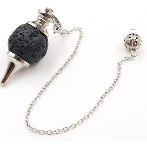 YJXP Natural Lava Stone Pendulum for Divination Dowsing 7 Chakra Reiki Healing Volcanic Beads Hypnosis Amulet Link Chain Pendant