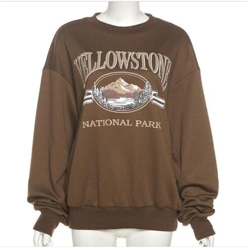 Spring/Autumn 2021 Fashion Korean Version Pullovers Women/Girl O-Neck Letter Print Long Sleeve Vintage Loose Brown Sweatshirts