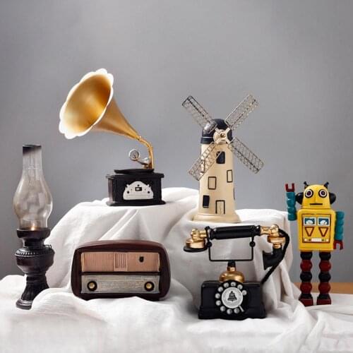 Retro Gramophone Robot Windmill Resin Figurine Miniature Landscape Christmas Gift Party Casket Anonymity Home Decoration