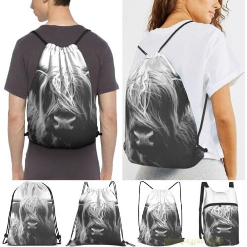 Scottish Highland Cattle - Black And White Animal Photography Men Travel Sports Gym Bag Women Drawstring Bags Sackpack Backpack