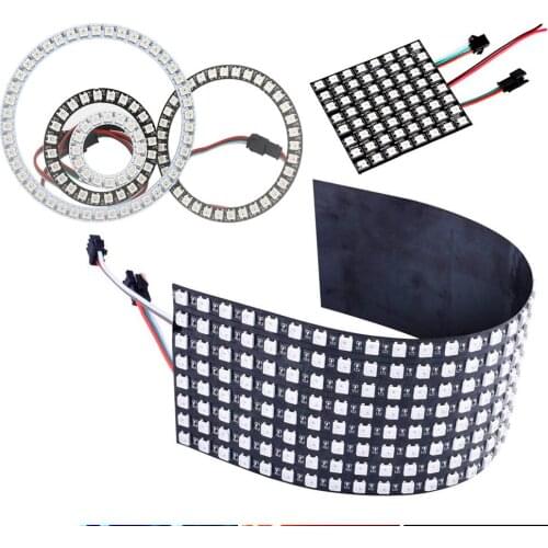 WS2812B RGB LED Digital Flexible Individually Addressable Panel Light 8x8 8x32 Module Matrix Screen WS2812B 8/16/24/35/45 Ring