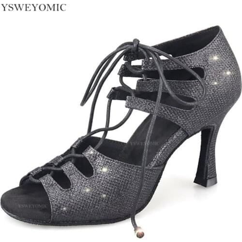 Latin Salsa Bachata Ballroom Dance Shoes flexible High Quality Black Shiny Glitter Women Latin Dance Shoes in Suede Outsole