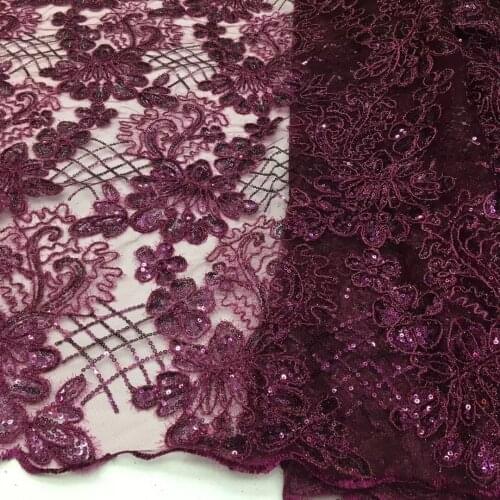 5yards/pc) Wonderful furry threads embroidered African tulle lace purple French net lace fabric with sequins for party FSS429
