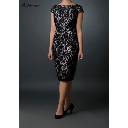 Vintage Lace Little Black Dress Formal Short Pencil Cocktail Gown Sheath Mother of the Bride Dress Knee Length Short Sleeves