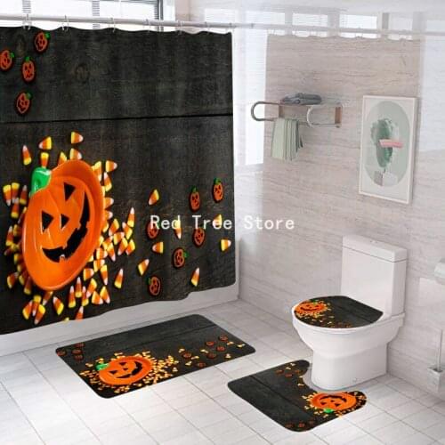 Halloween Pumpkin Lamp Print Shower Curtain Waterproof Polyester Bathroom Set Rugs Anti-slip Bath Mats Soft Carpets Home Decor