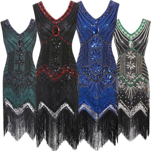 Factory Vintage 1920s Flapper Great Gatsby Dress 2020 Summer Fancy Costumes V-Neck Cap Sleeve Sequin Fringe Party Midi Dresses