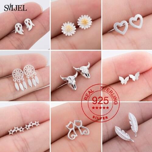 Real 925 Sterling Silver Mini Earrings for Women Simple Star Cat Heart Feather Leaf Stud Earring Kid Best Gift Anti-allergic